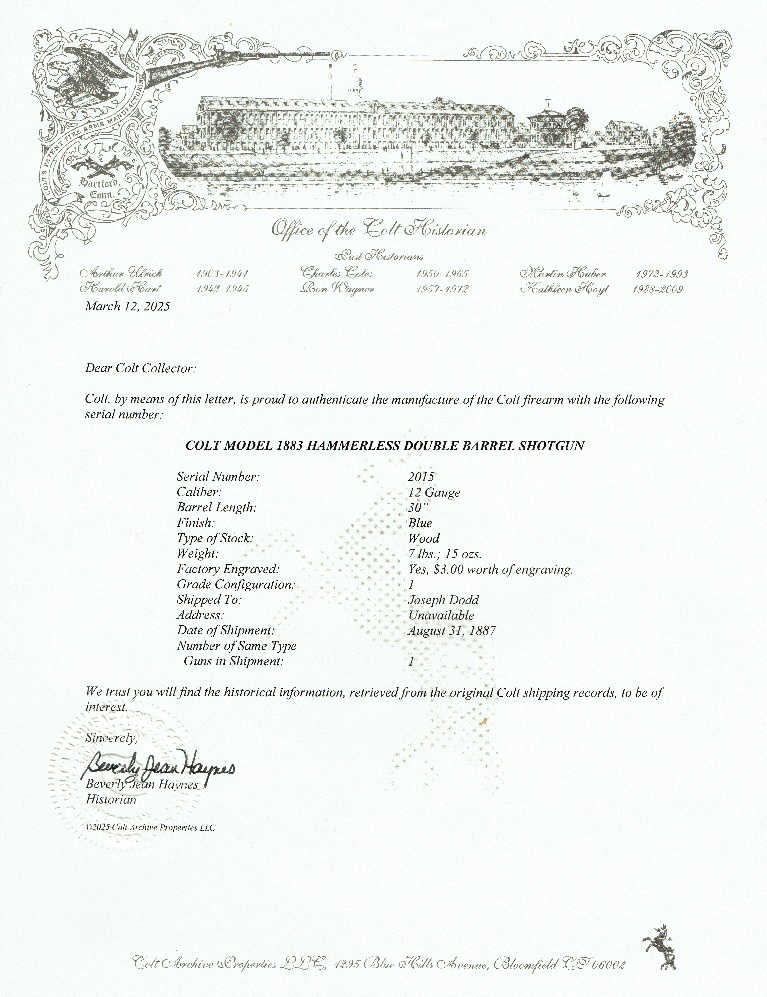 Colt factory archive letter detailing the configuration and shipment of serial number 2015