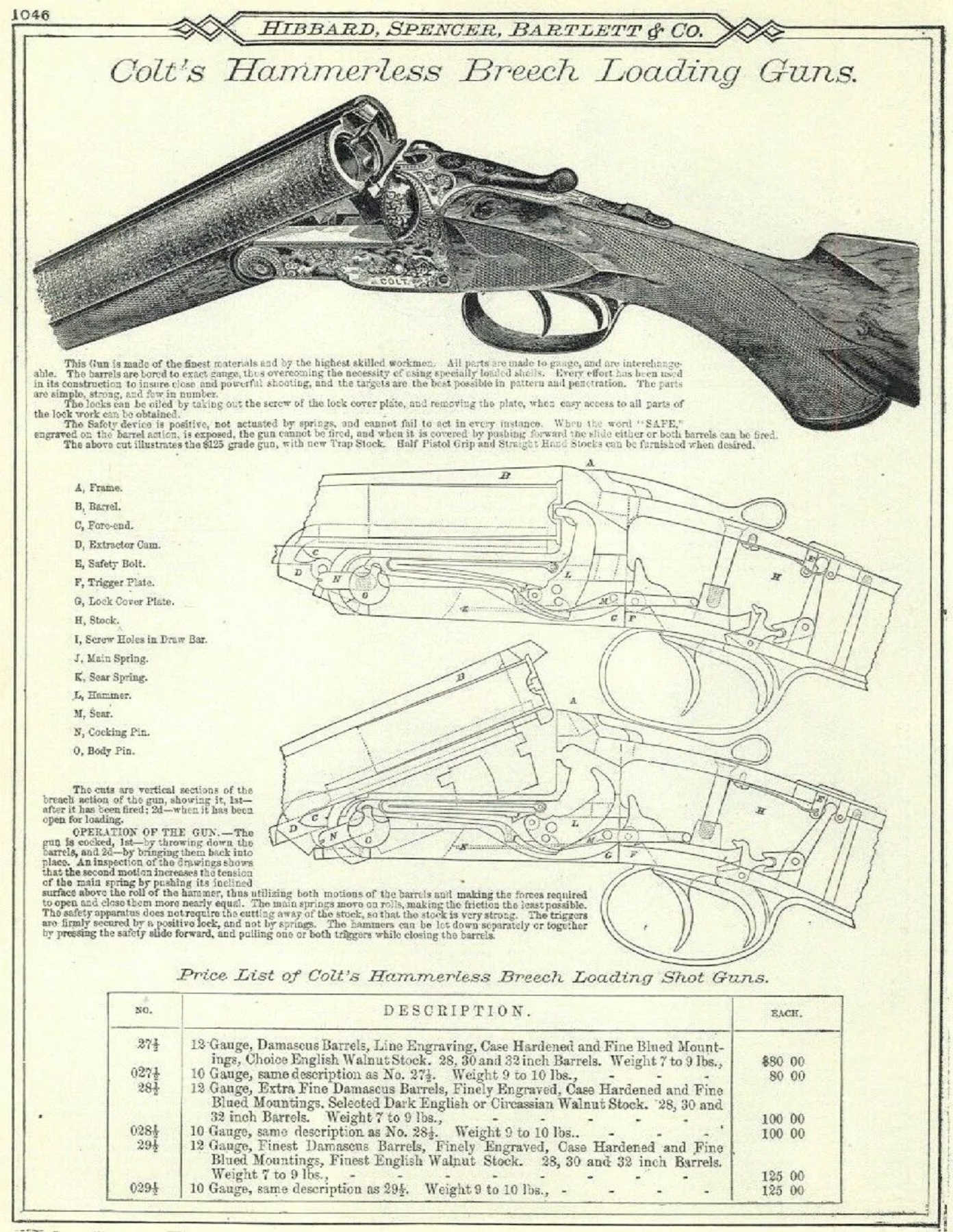 Period catalog advertisement listing Colt hammerless shotguns with reduced prices in the 1890s