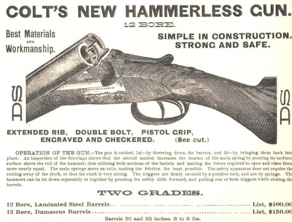 Earlier advertisement promoting Colt's new hammerless shotgun and its safety features