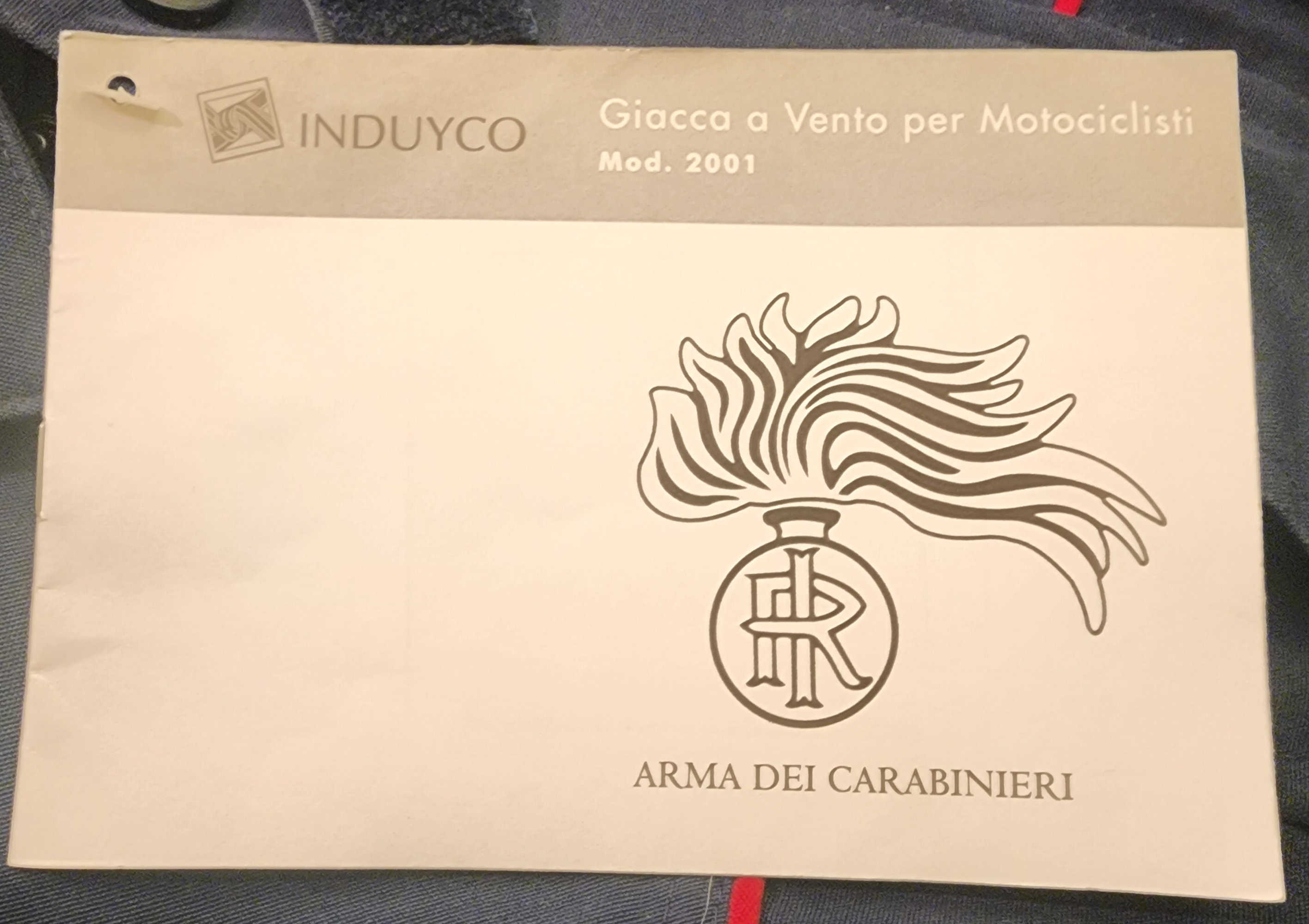 Instruction booklet for Italian Carabinieri armored motorcycle jacket