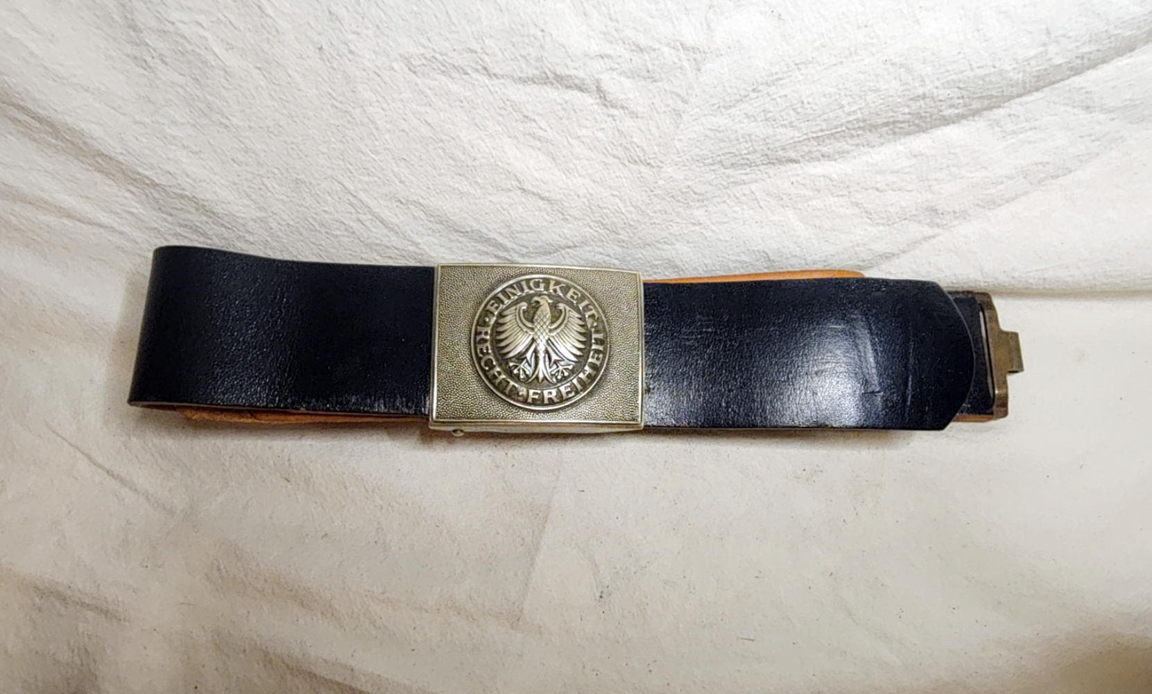 Black Bundeswehr leather belt with silver-colored federal eagle box buckle