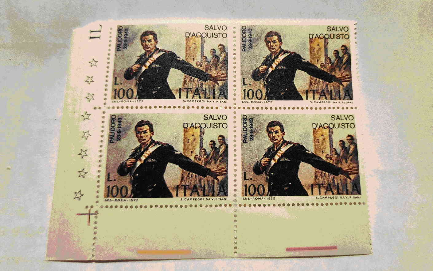 Block of four Italian 100 Lire stamps featuring Salvo D’Acquisto