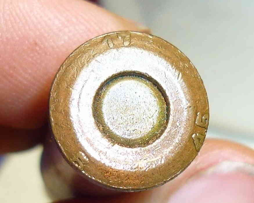 Close-up of 7.62×54mmR case head showing '17 5 45' headstamp