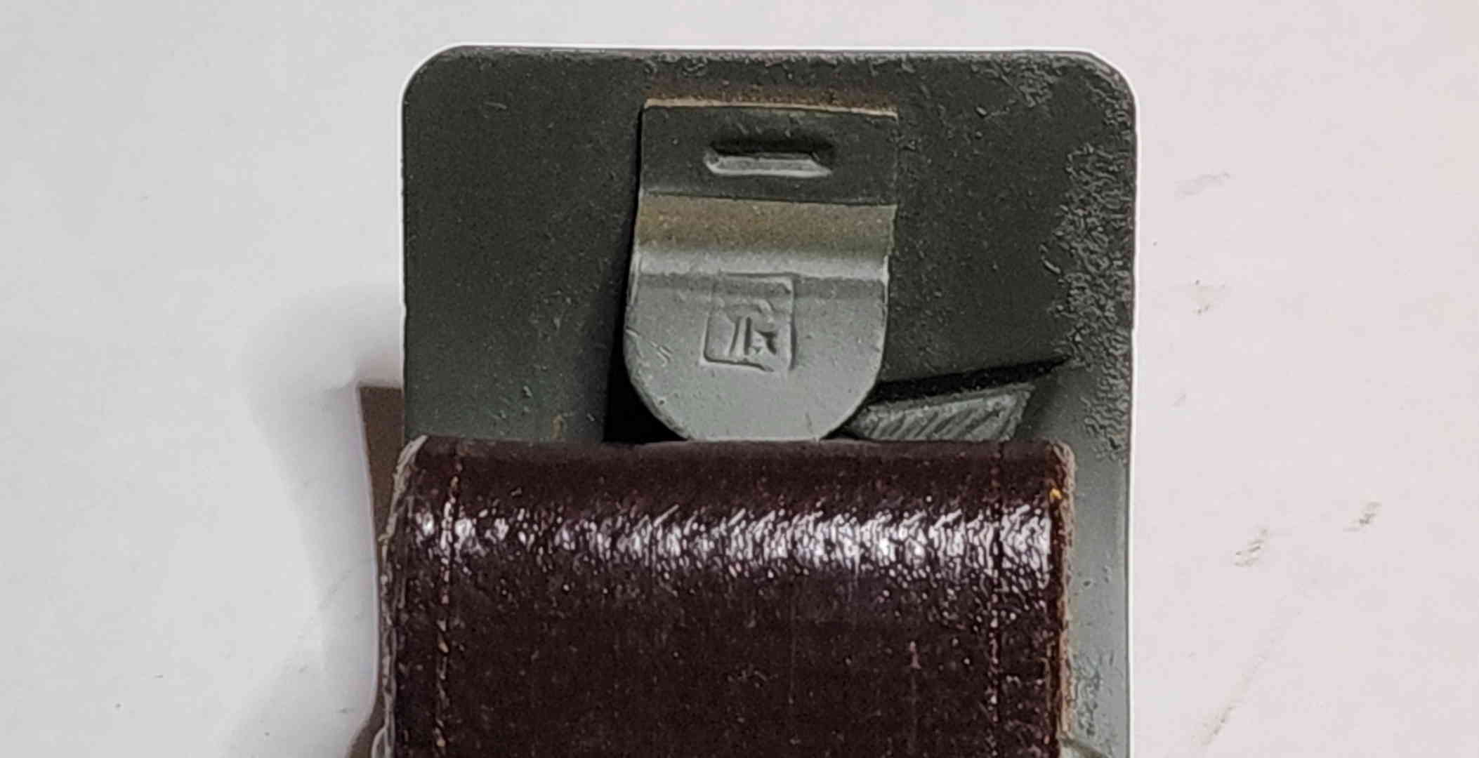 Soviet M69 field belt rear view showing reverse clasp and a small boxed Soviet production mark