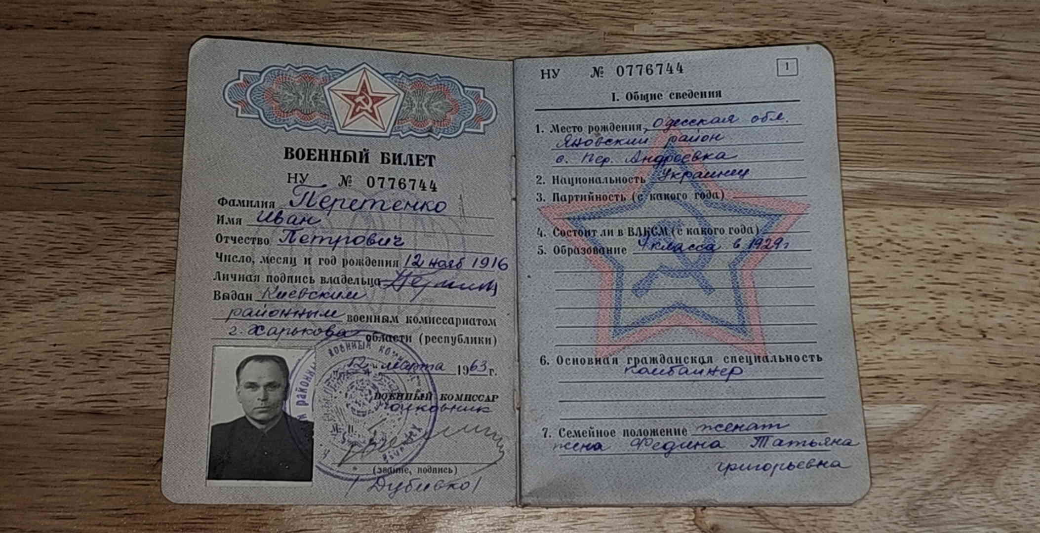 Personal identification page with photo and stamps