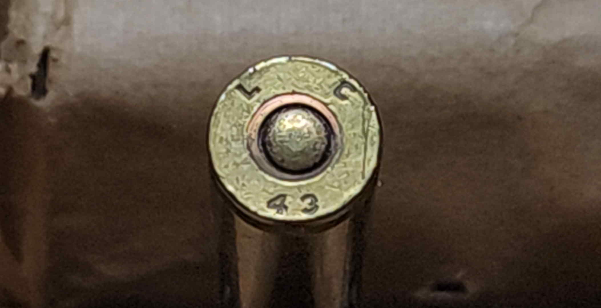 Close-up of the LC 43 Lake City headstamp on the 1943 M2 Ball cartridge
