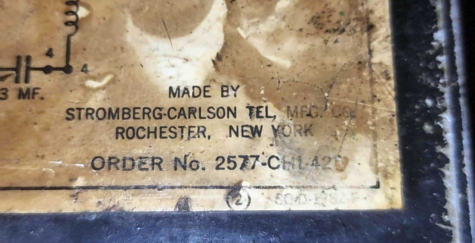 Manufacturer’s label inside the EE-8-A field telephone showing Stromberg-Carlson and Order No. 2577-CHI-42