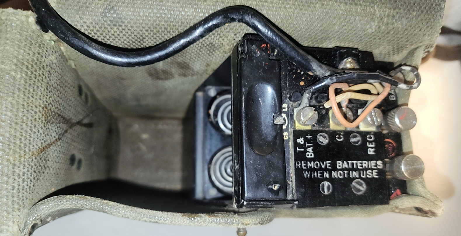 Terminal panel and battery area of the EE-8-B field telephone showing REMOVE BATTERIES WHEN NOT IN USE