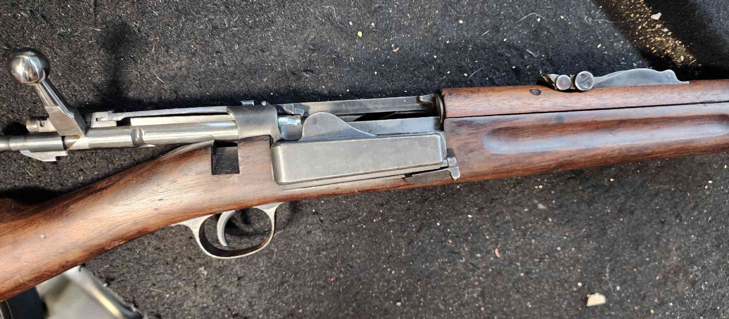 Receiver and magazine area, showing Krag side-loading magazine gate