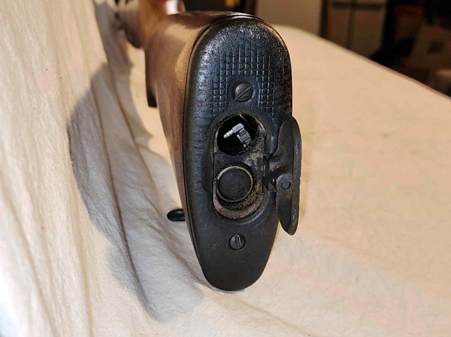 Butt stock end with trapdoor buttplate and cleaning kit cavity